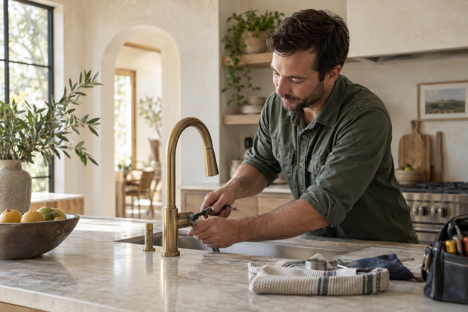A home repair technician working carefully on a kitchen faucet